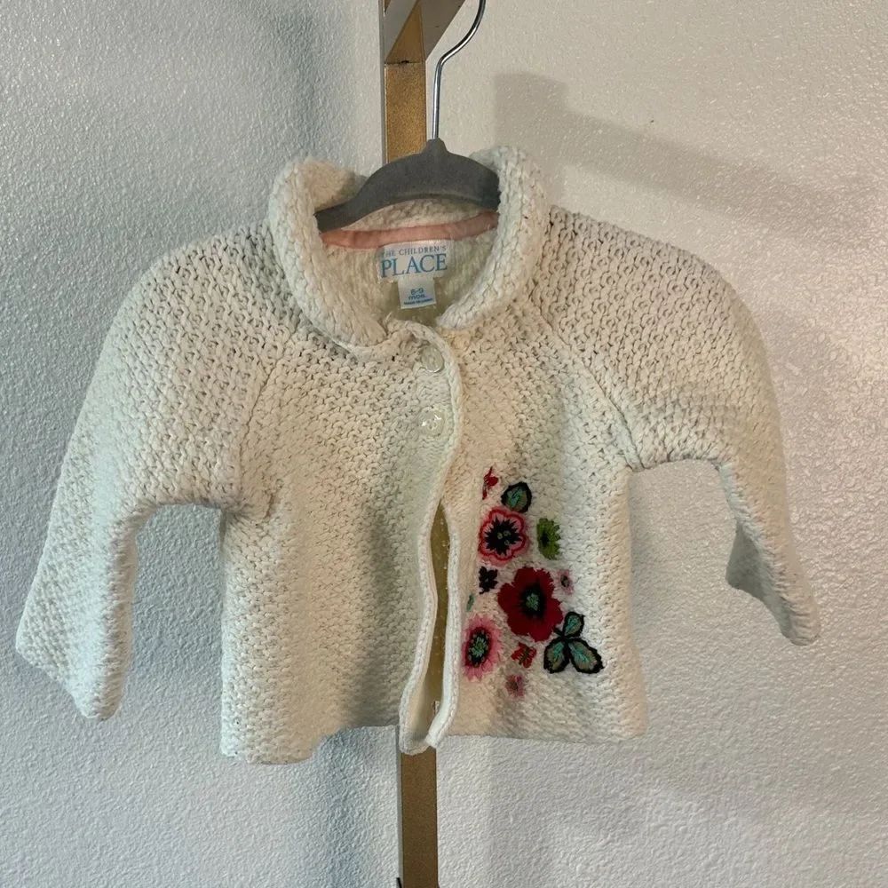 Cream Knit Baby Cardigan with Floral Embroidery-6-9m